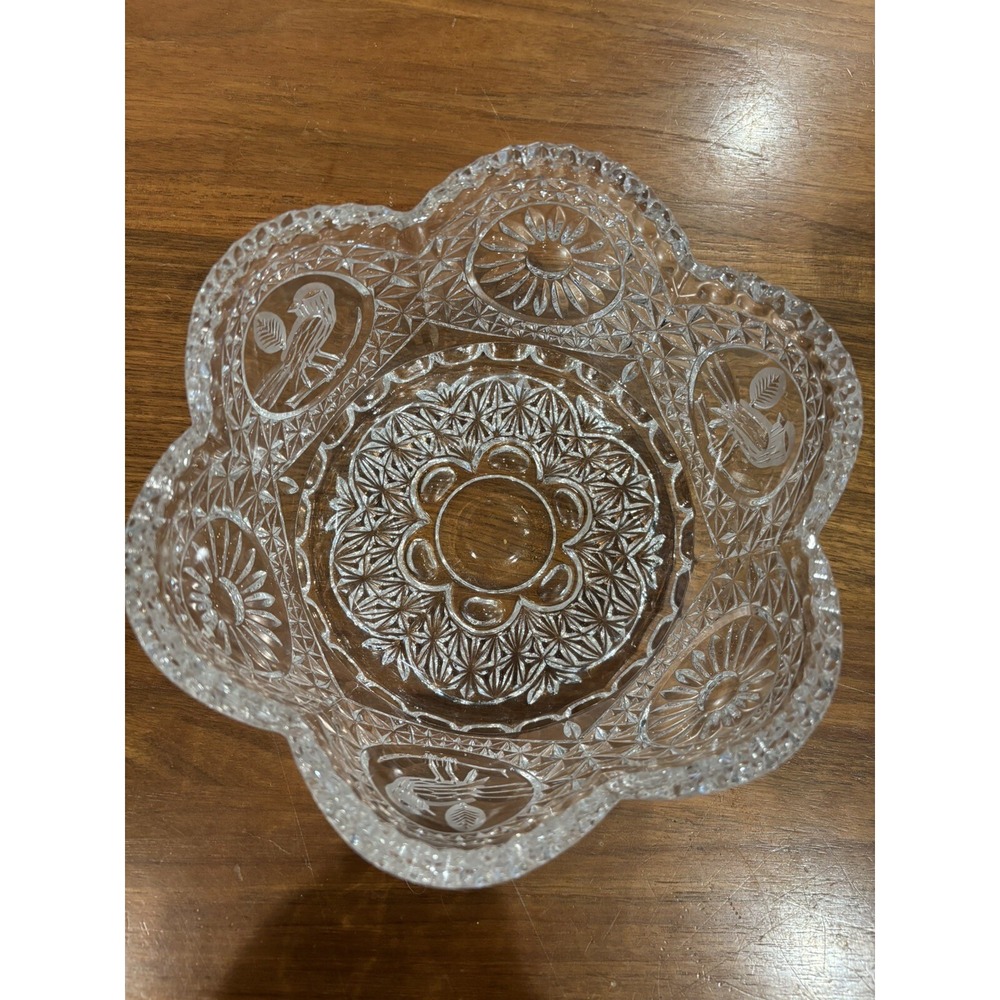 Hofbauer Byrdes Hand‎ Cut Clear Crystal 8" Bowl Frosted Birds & Floral Germany